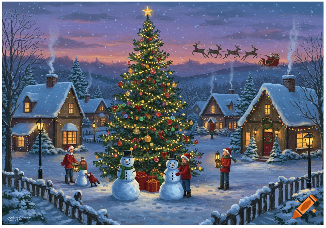 A festive painted Christmas village at dusk, with children building snowmen, a large decorated tree, and Santa's sleigh flying overhead.