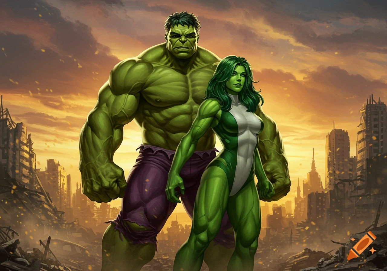 Hulk and She-Hulk stand side-by-side in a ruined city at sunset, in a comic book art style.