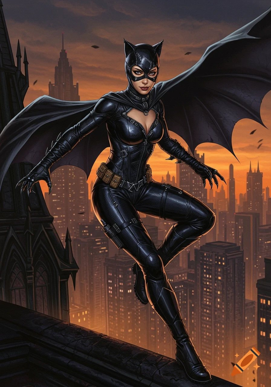 Catwoman in a black suit and bat-like cape, poised on a gothic rooftop overlooking a city at sunset, in comic book art style.