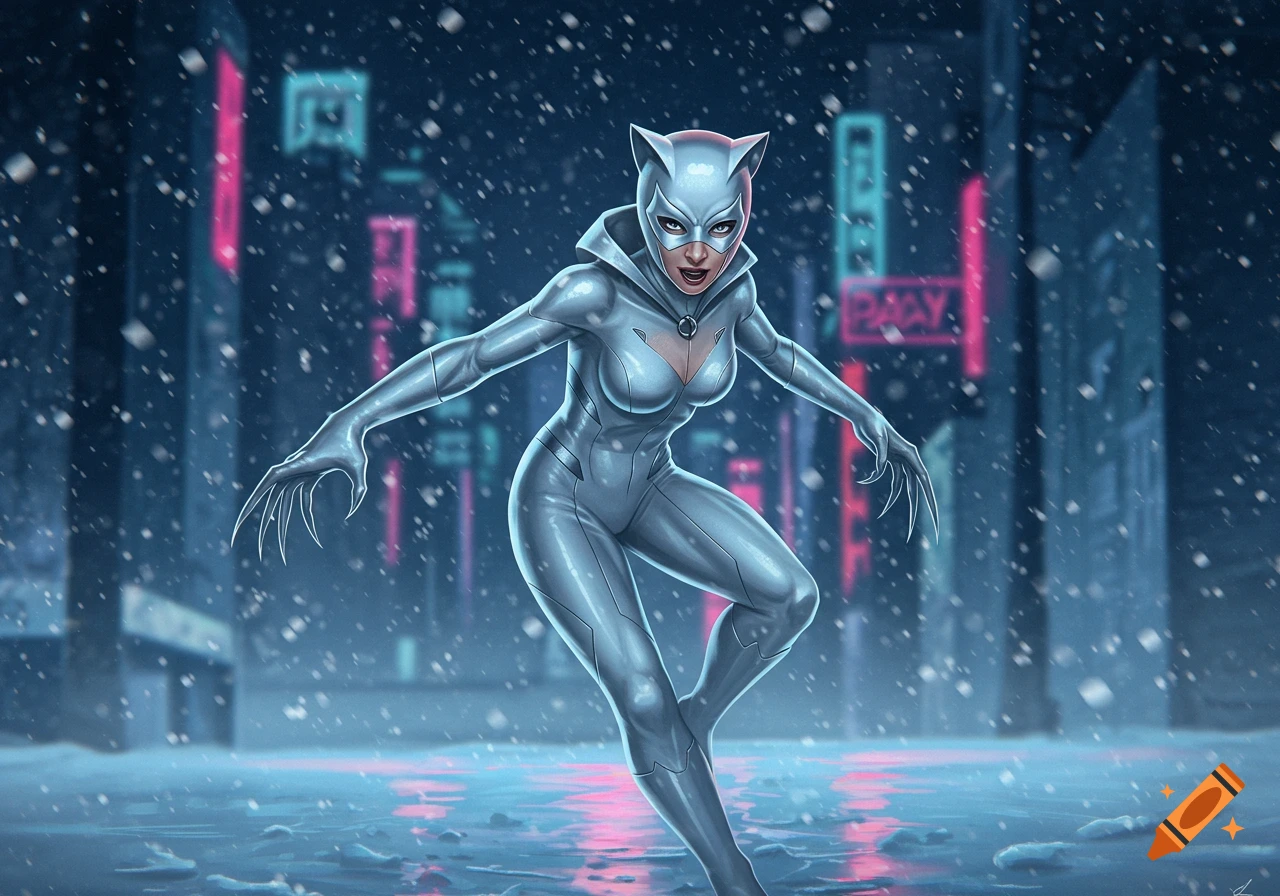 A female supervillain in a white cat-themed suit with sharp claws poses in a snowy, neon-lit city at night.