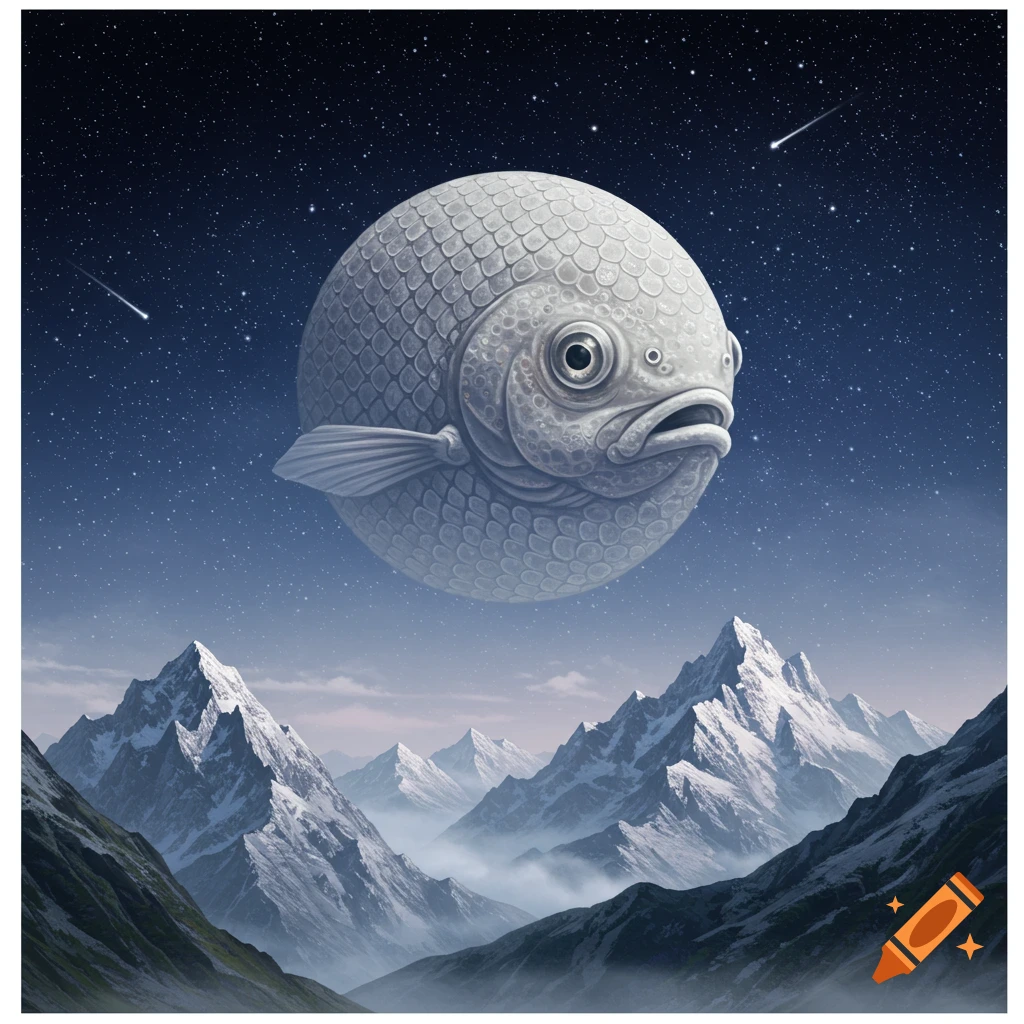 Surreal art of a large, spherical fish with scales and a sad face floating in a starry night sky above snowy mountains.