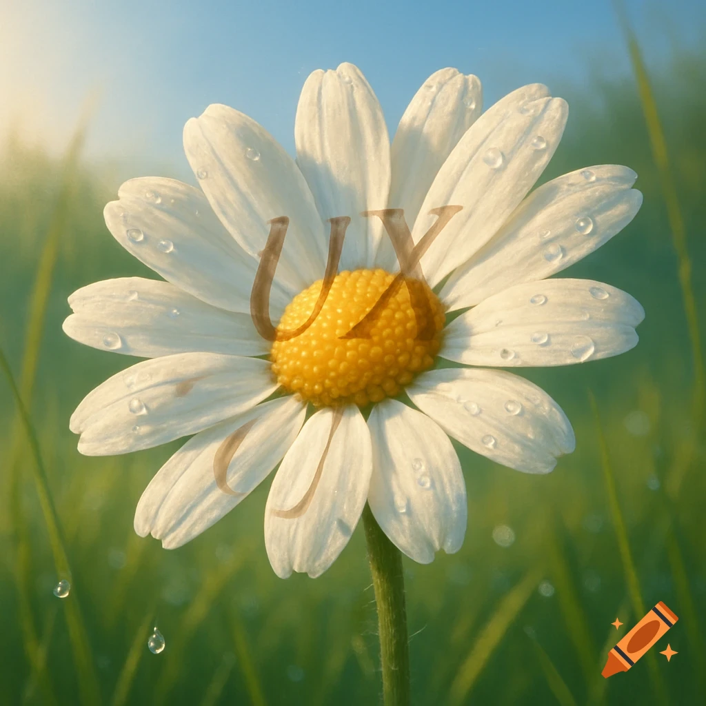 Close-up of a white daisy flower with a yellow center, covered in water droplets, with 'UX' subtly overlaid. Sunny green field background.