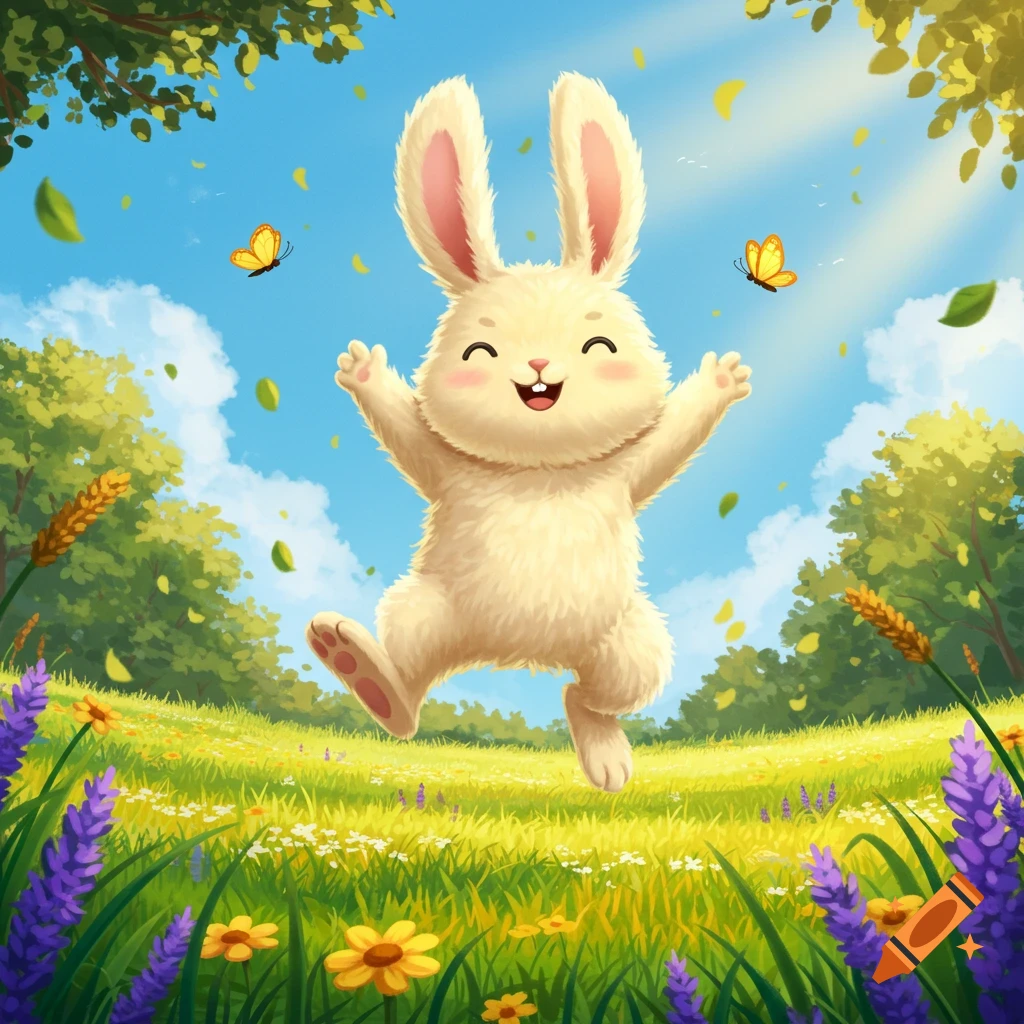 A happy, fluffy cartoon rabbit jumps in a sunny, vibrant green field with colorful flowers and butterflies.