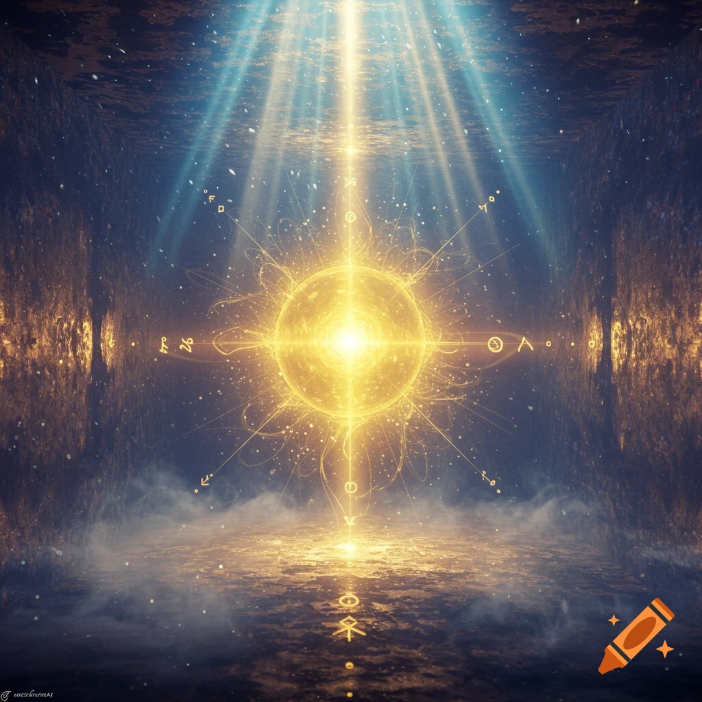 A glowing golden orb with emanating light rays and abstract symbols in a dark, cave-like environment with mist and light reflecting on water.