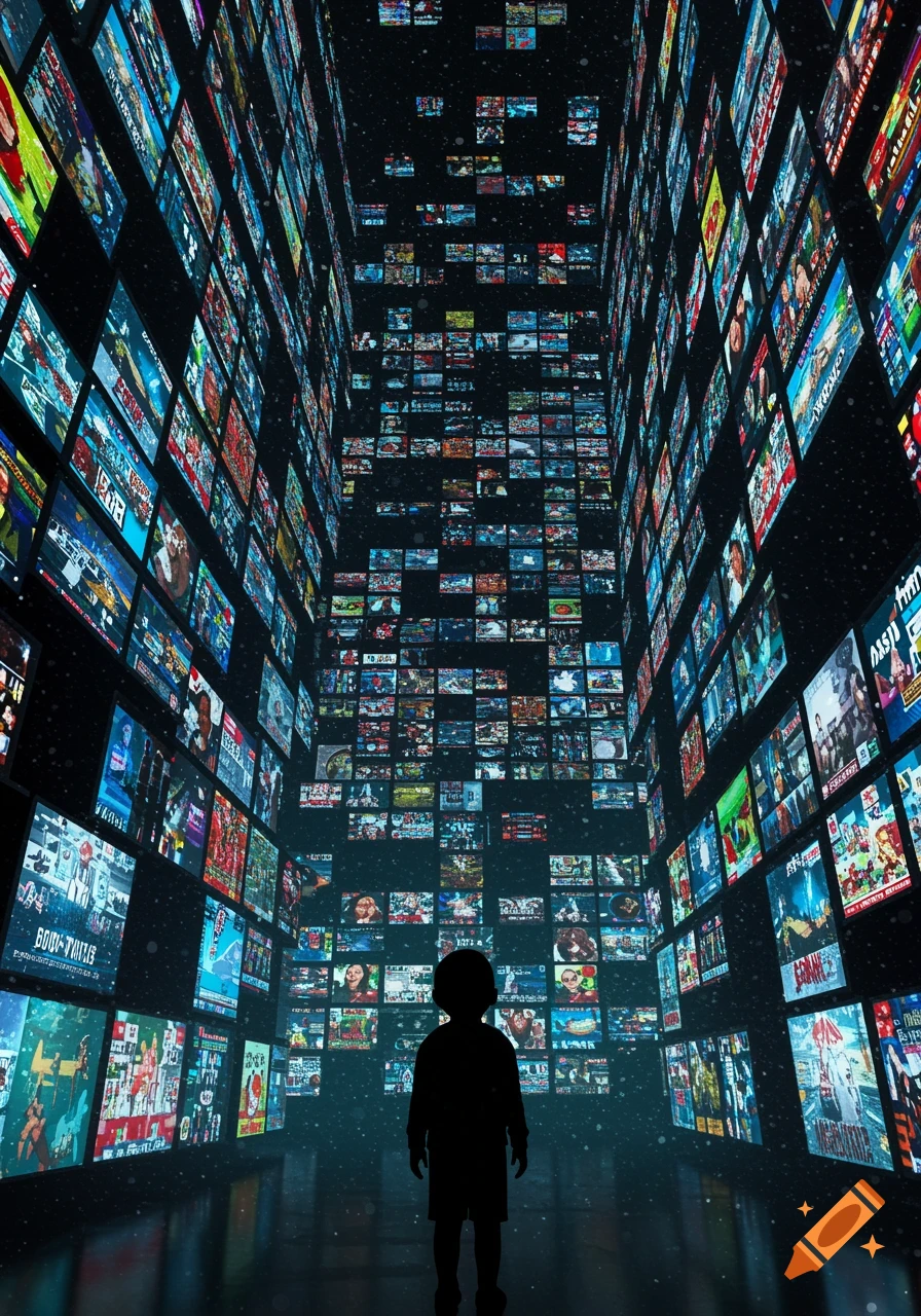 Silhouette of a child looking up at a vast, dark hall lined with glowing digital screens displaying various media.