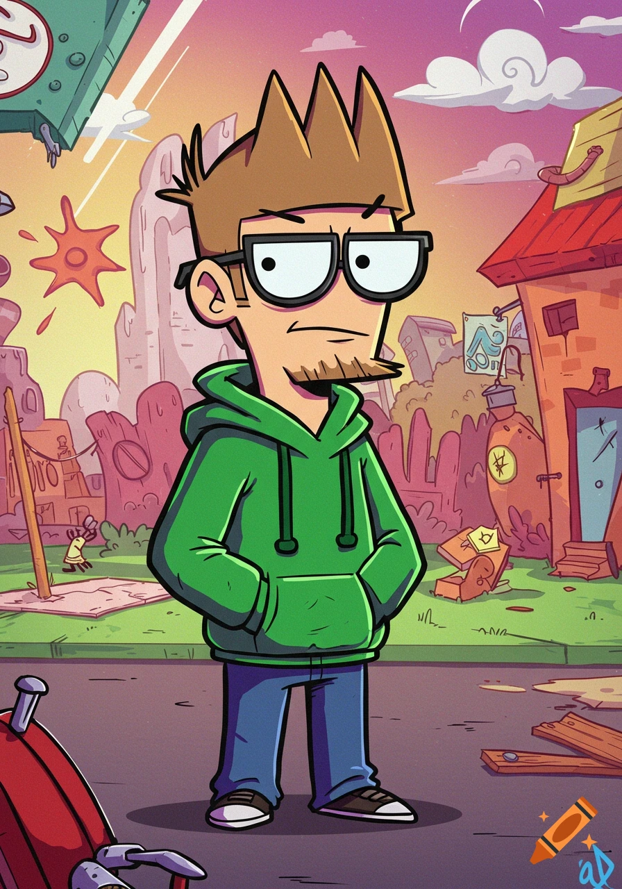 A cartoon man with spiky brown hair, glasses, and a green hoodie stands on a street in a colorful, whimsical animated neighborhood.