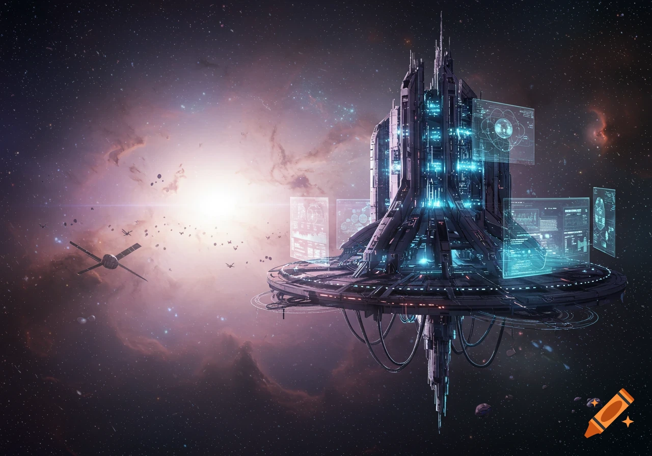 A futuristic space station with glowing blue lights and holographic screens in a vibrant nebula, with small spacecraft.