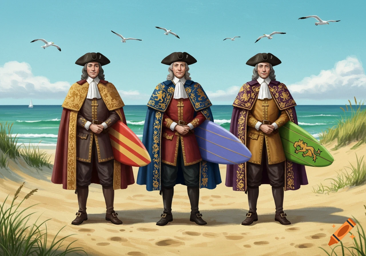 Illustration of three men in colonial attire holding surfboards on a sandy beach with the ocean and seagulls in the background.