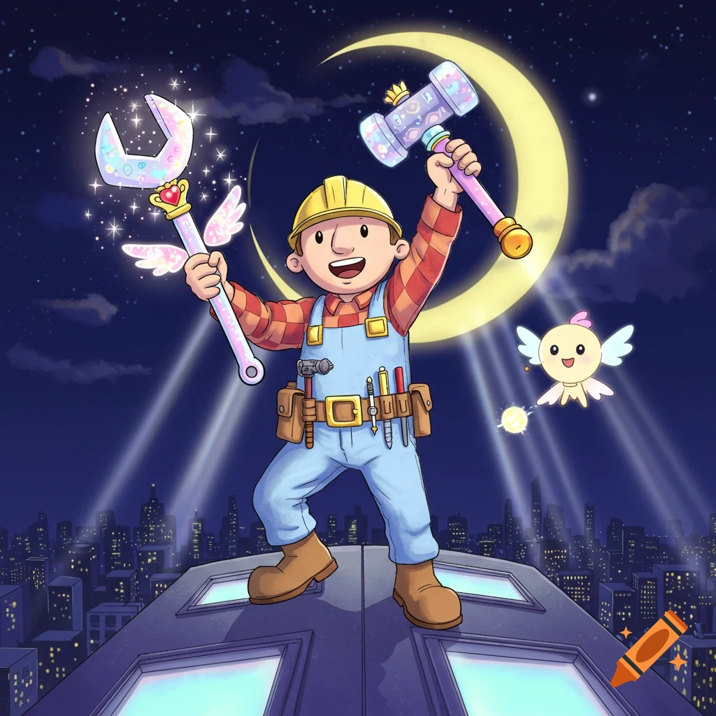 Bob the Builder as a magical girl stands on a city rooftop at night, holding a magical wrench and hammer, with a cute fairy flying nearby. Anime style.