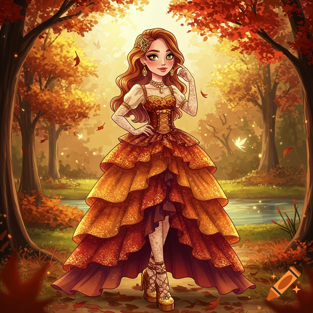 Anime woman in an elaborate tiered orange and red autumn dress, standing in a golden forest with a stream.