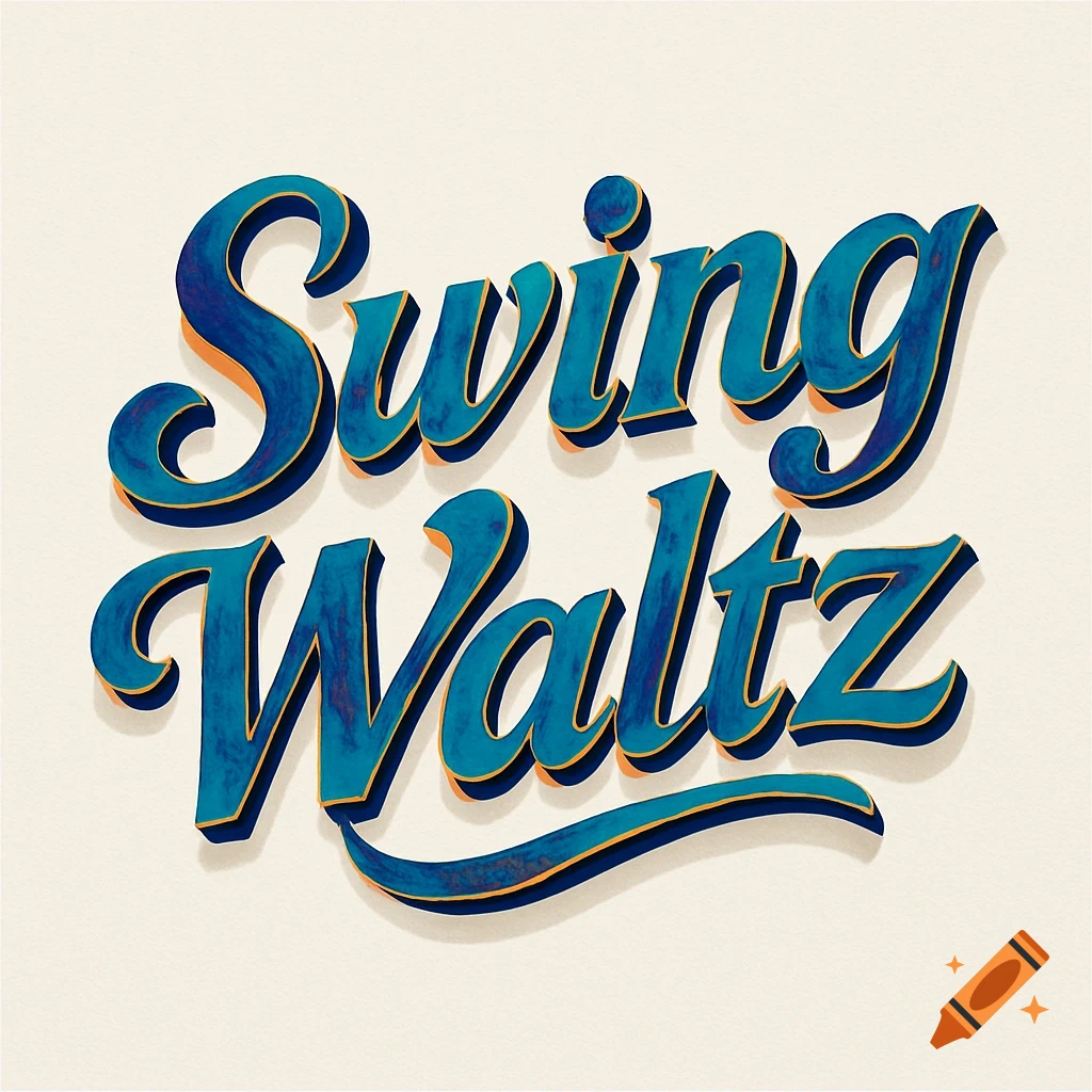 Stylized 3D text "Swing Waltz" in blue and orange on a cream background, with a subtle textured effect.