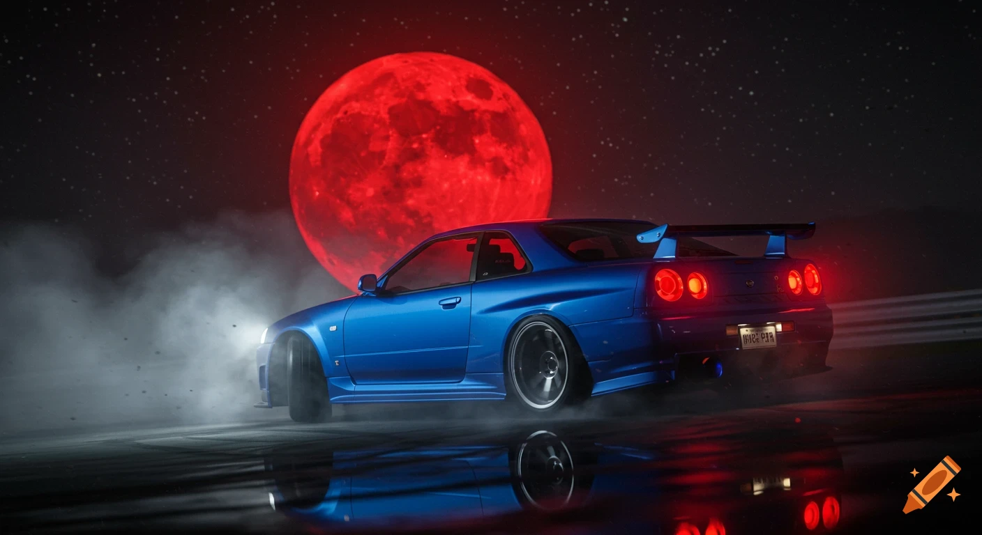 Blue Nissan Skyline R34 drifting on a wet surface under a huge red blood moon in a smoky night scene.