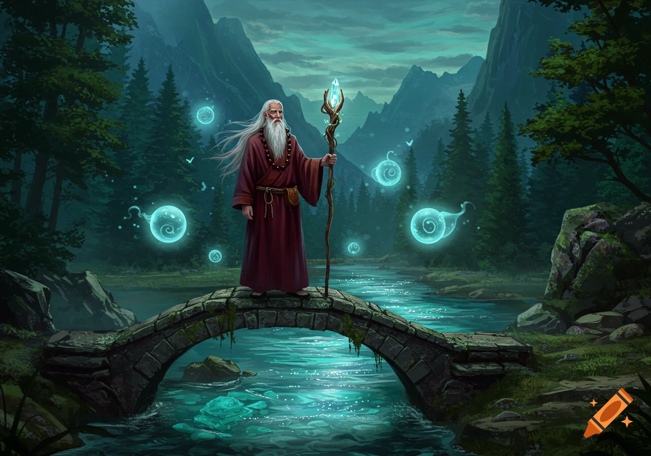 A white-bearded wizard in a red robe stands on a stone bridge over a shimmering river in a mystical forest, holding a crystal-topped staff, surrounded by glowing teal orbs.