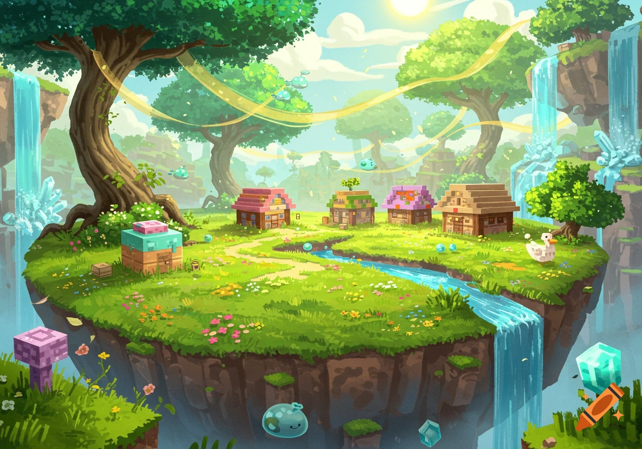 A vibrant, colorful illustration of a floating island inspired by Minecraft, featuring blocky houses, waterfalls, trees, and cute creatures.