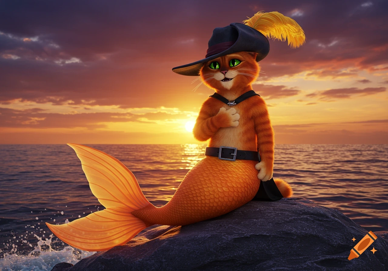 3D animated Puss in Boots as a mermaid with an orange tail, sitting on a rock in the ocean at sunset.