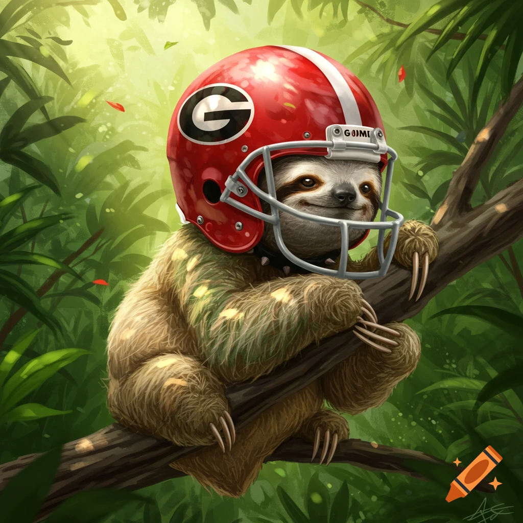 A cute sloth in a red Georgia Bulldogs football helmet perches on a tree branch in a lush jungle.