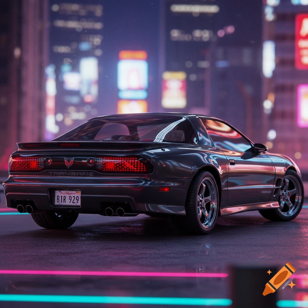 Rear view of a dark grey Trans Am car on a wet street at night, with bright neon city lights in the background and reflections.