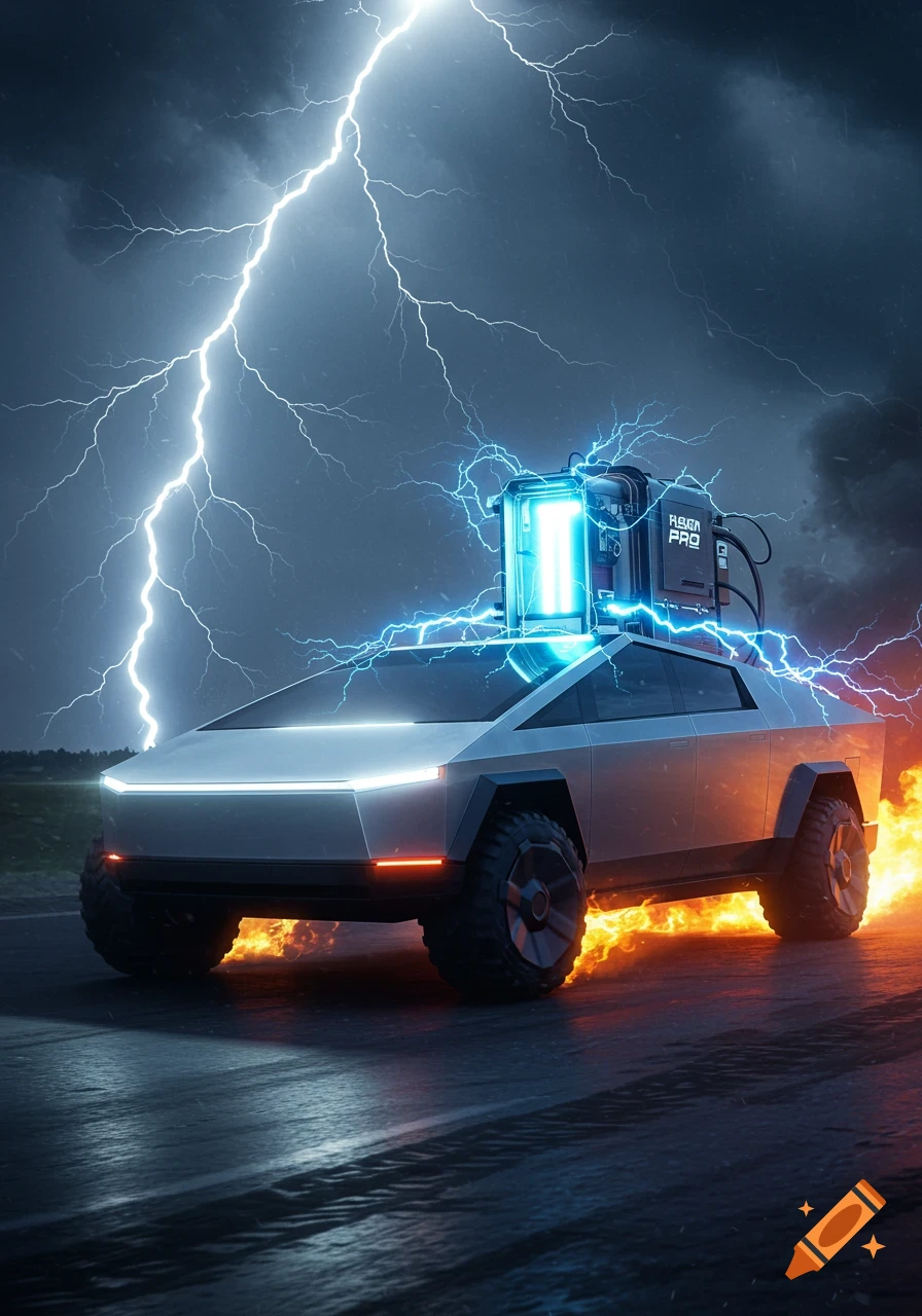 A futuristic silver Tesla Cybertruck with a 'FUSION PRO' device on its bed, surrounded by blue electricity and orange flames, under a stormy, lightning-filled sky.