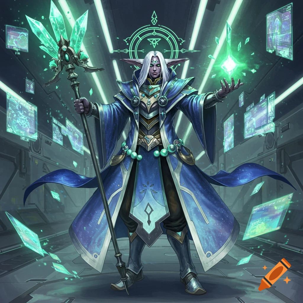 An elf-like wizard in a blue and silver robe holds a crystal staff, casting a spell with a glowing green orb in a futuristic room with holographic screens.