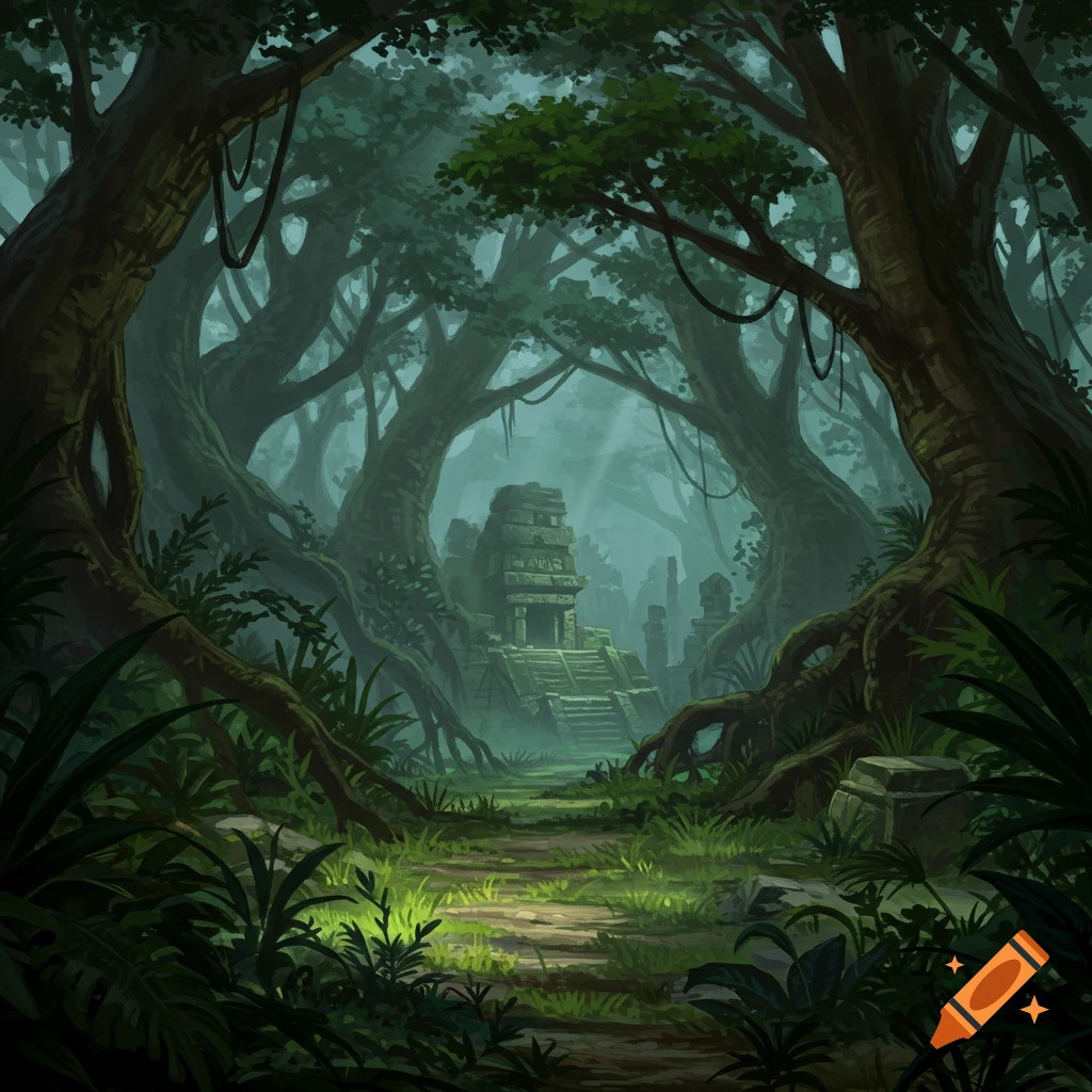 A winding path through a dense, misty jungle leads to an ancient stone temple, bathed in atmospheric light, in a fantasy art style.