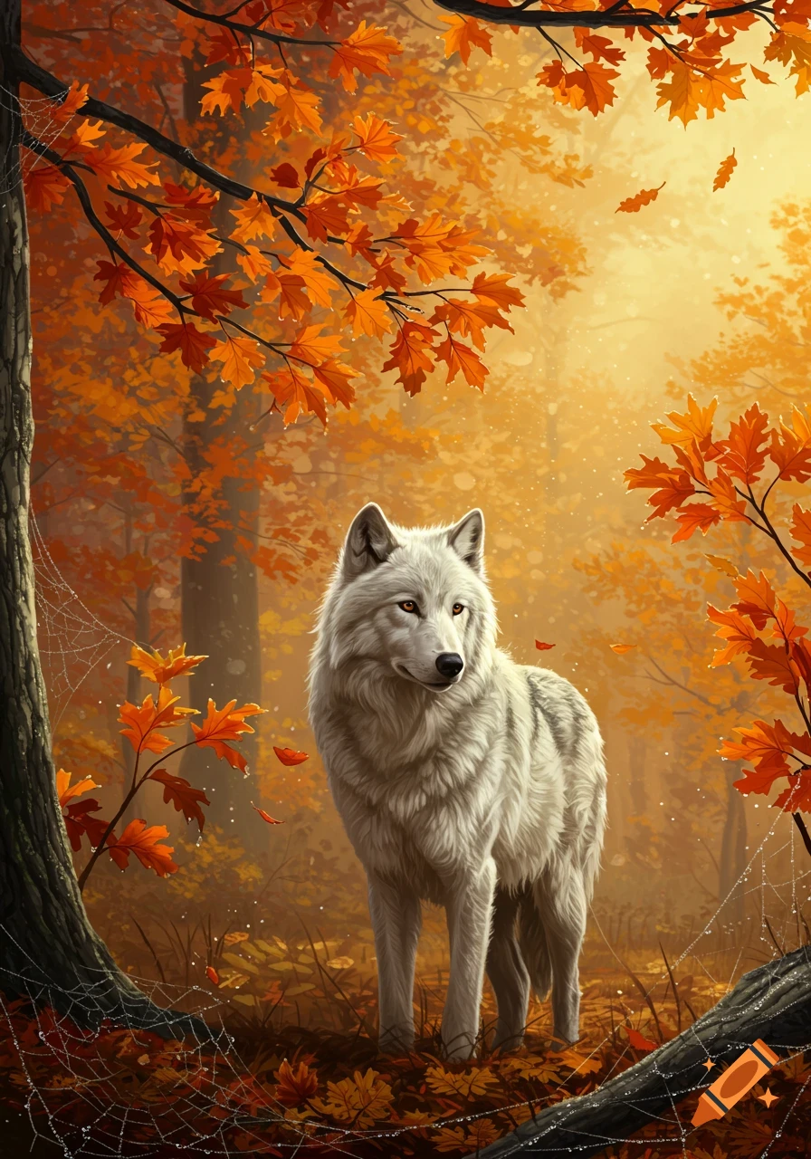 A majestic white wolf stands amidst a vibrant autumn forest with glowing orange leaves and dew-kissed spiderwebs.