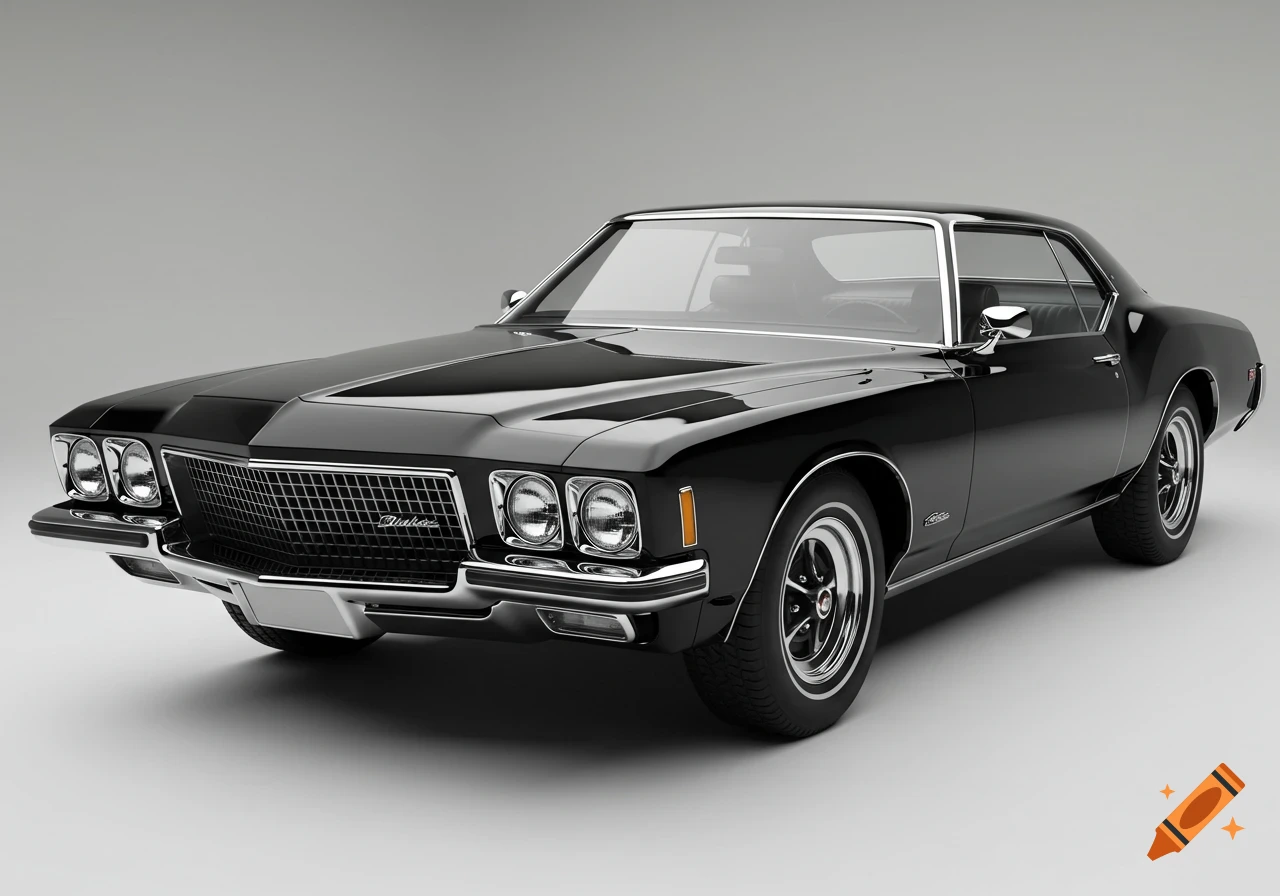 Photorealistic black 1971 Buick Riviera 'boattail' coupe with glossy finish and chrome trim, against a grey background.