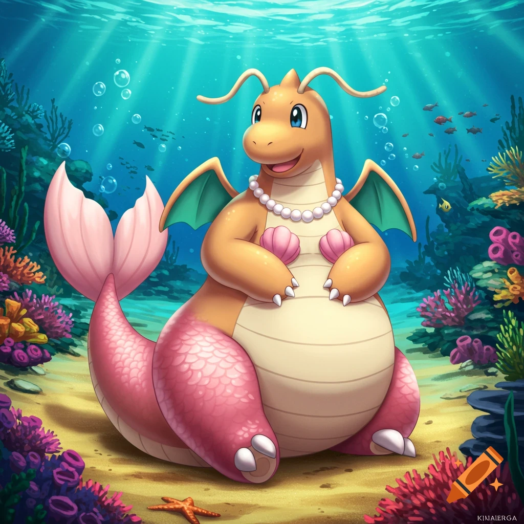 An anime-style Dragonite with a pink mermaid tail, seashell bra, and pearl necklace, smiling and sitting underwater among coral.