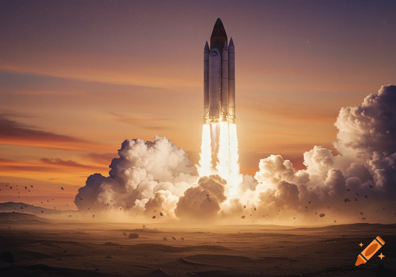 A massive space rocket igniting its engines and blasting off from a desolate, dusty landscape under a dramatic orange and purple sky.