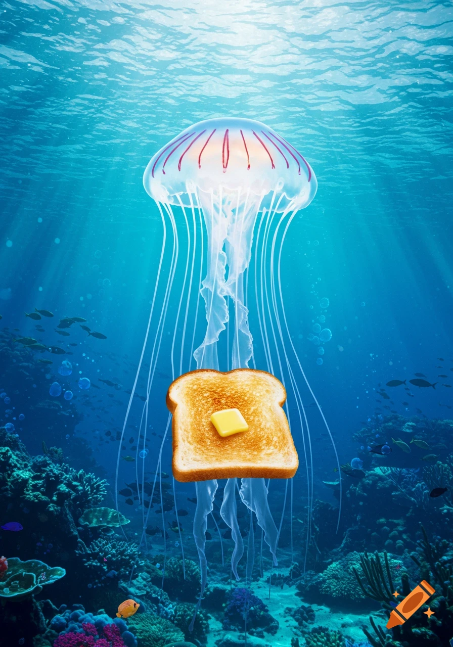 A translucent jellyfish with a pat of buttered toast floats above a colorful coral reef with small fish and sun rays.