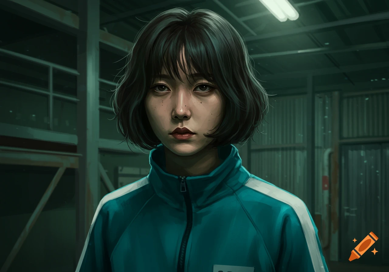 Digital art portrait of a serious young woman with short dark hair, wearing a teal and white tracksuit, looking directly at the viewer in a dimly lit industrial setting.