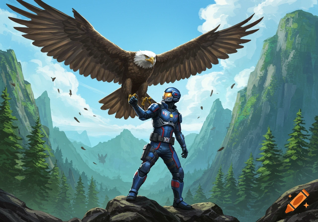A sci-fi armored character stands on a rock holding a majestic bald eagle in a vibrant mountain landscape digital painting.