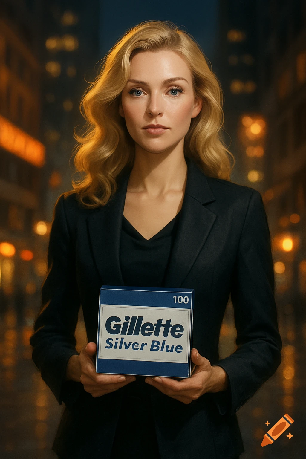 A blonde woman in a black suit holds a Gillette Silver Blue 100 razor blade box on a city street at night.