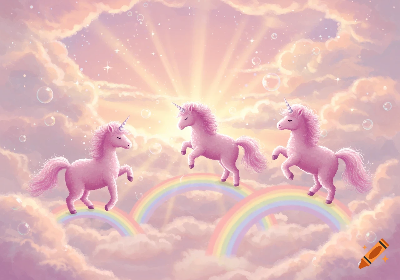 Three fluffy pink unicorns dance on colorful rainbows amidst pink and orange clouds, sparkling stars, and bubbles.