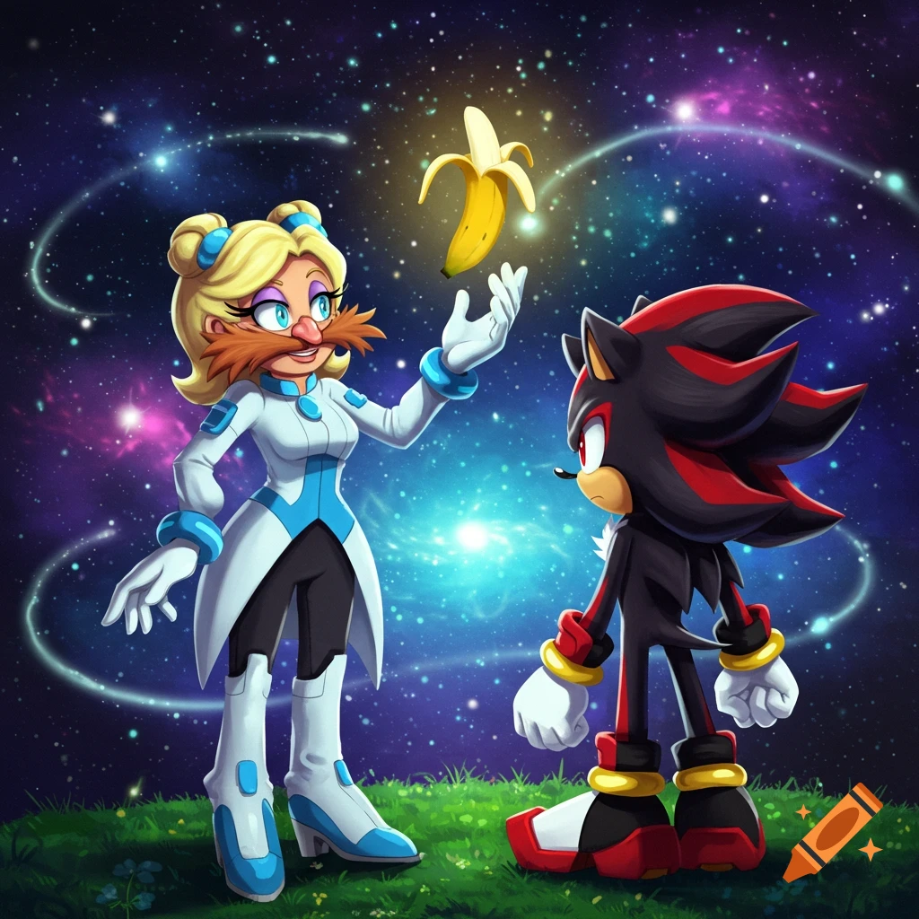 Cartoon Maria Robotnik, a female version of Dr. Eggman, holds a banana towards Shadow the Hedgehog under a vibrant galaxy sky.