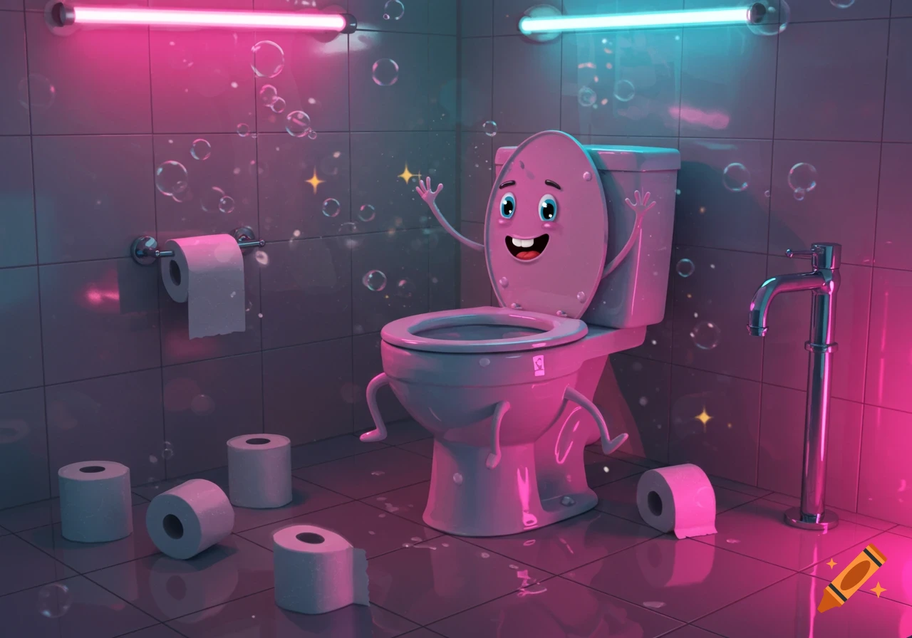 A happy, cartoon pink toilet character with a smiling face and waving arms in a neon-lit bathroom, surrounded by bubbles and toilet paper.