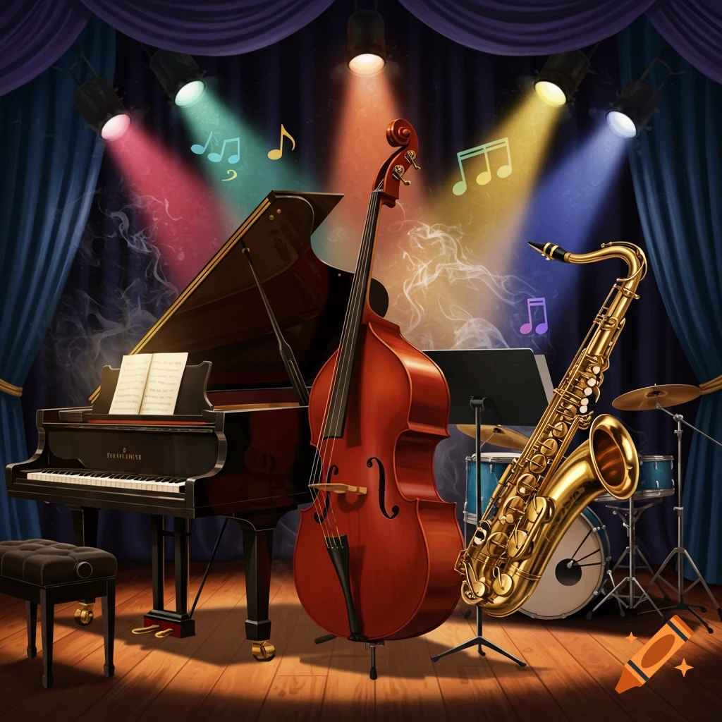 A vibrant stage with a grand piano, double bass, saxophone, and drums, bathed in colorful spotlights.
