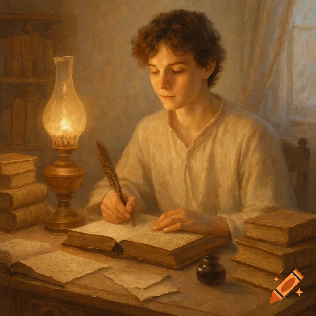 A young person writes in a book with a quill by candlelight, surrounded by old books, in a classical painting style.