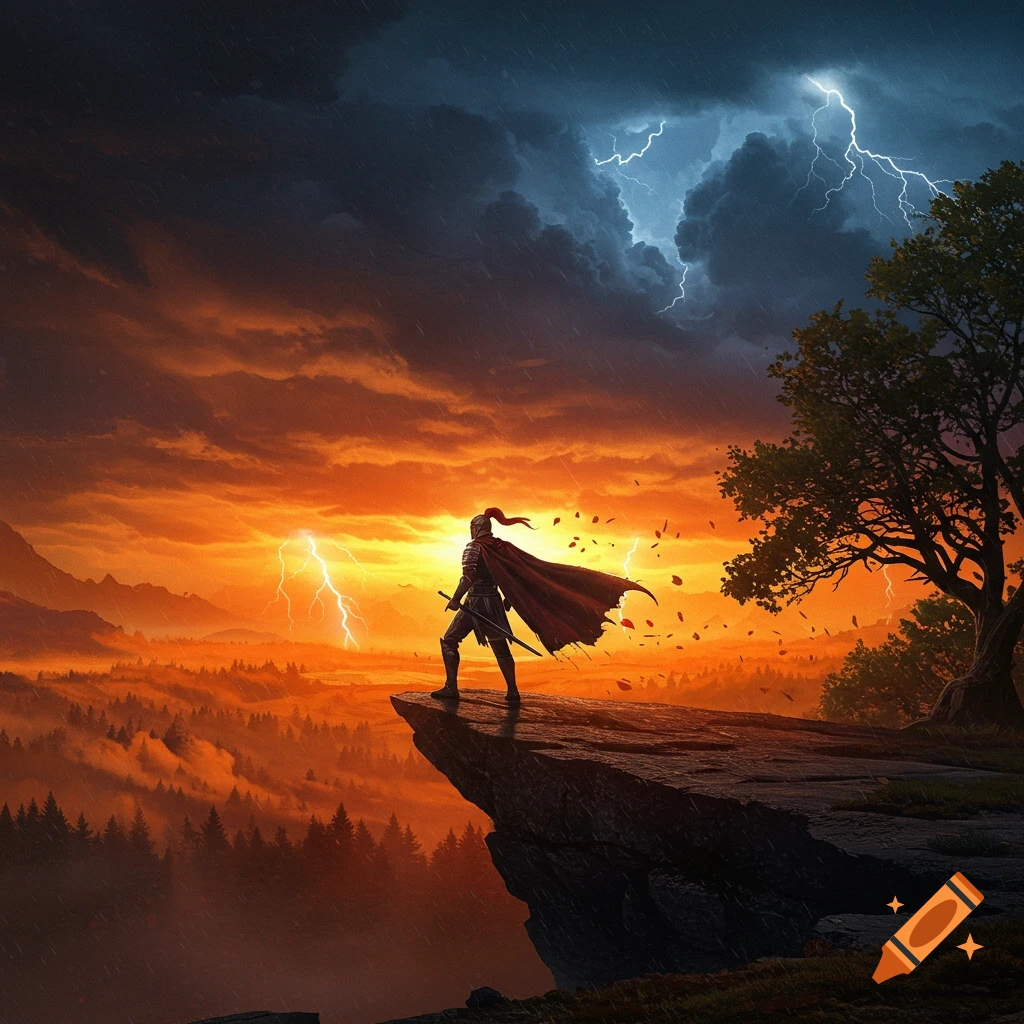 A warrior in armor and a cape stands on a cliff, overlooking a vast forest under a stormy sky with lightning and orange clouds.