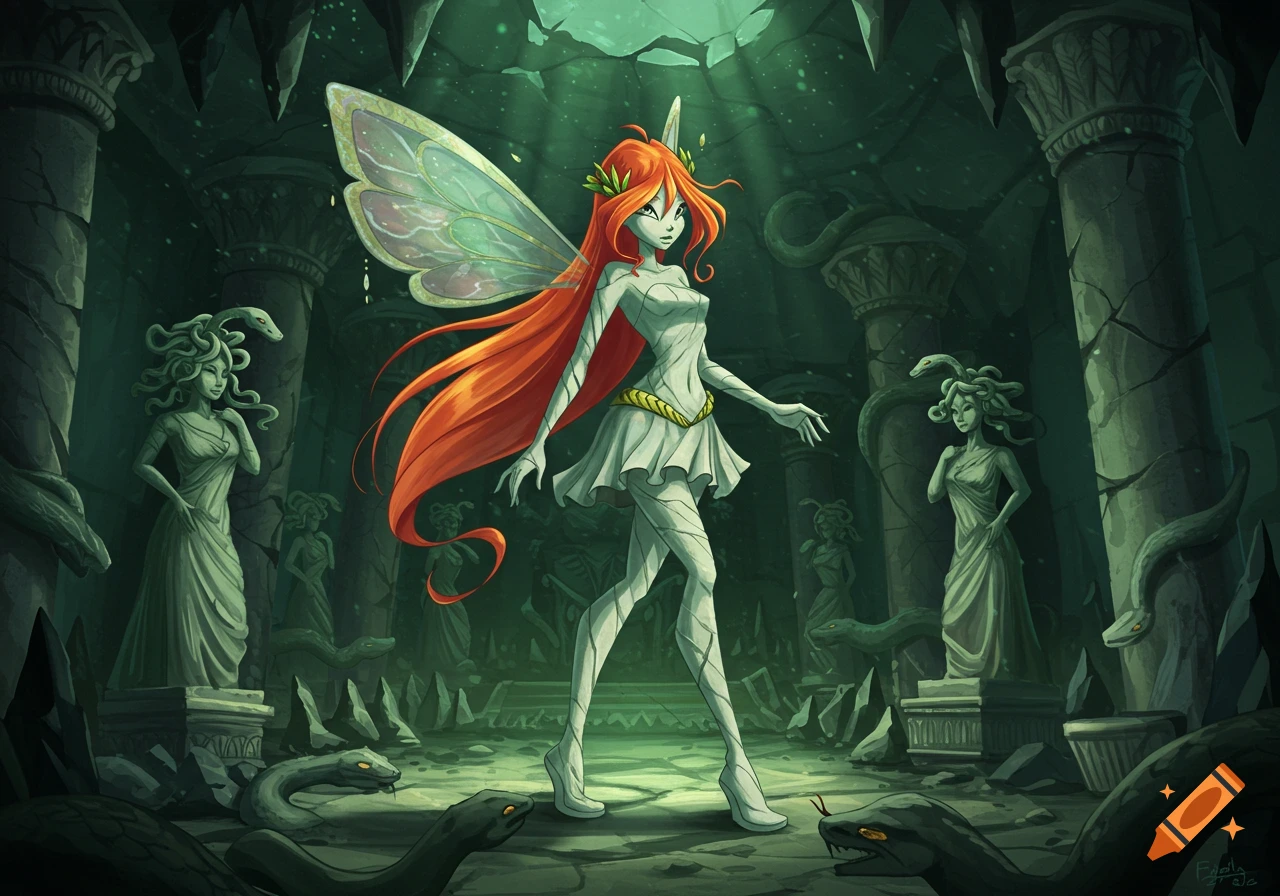 Red-haired fairy with wings and white dress walks through a dark, green Medusa's lair with snake statues and pillars, in a fantasy illustration.