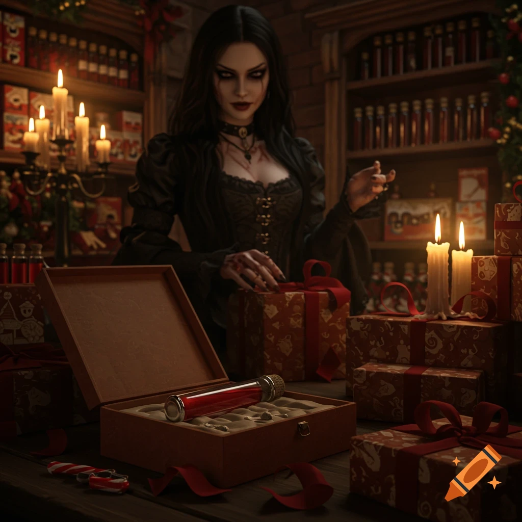A gothic vampire woman with dark hair and pale skin, dressed in black, wraps Christmas presents in a dimly lit shop filled with blood vials and candles.
