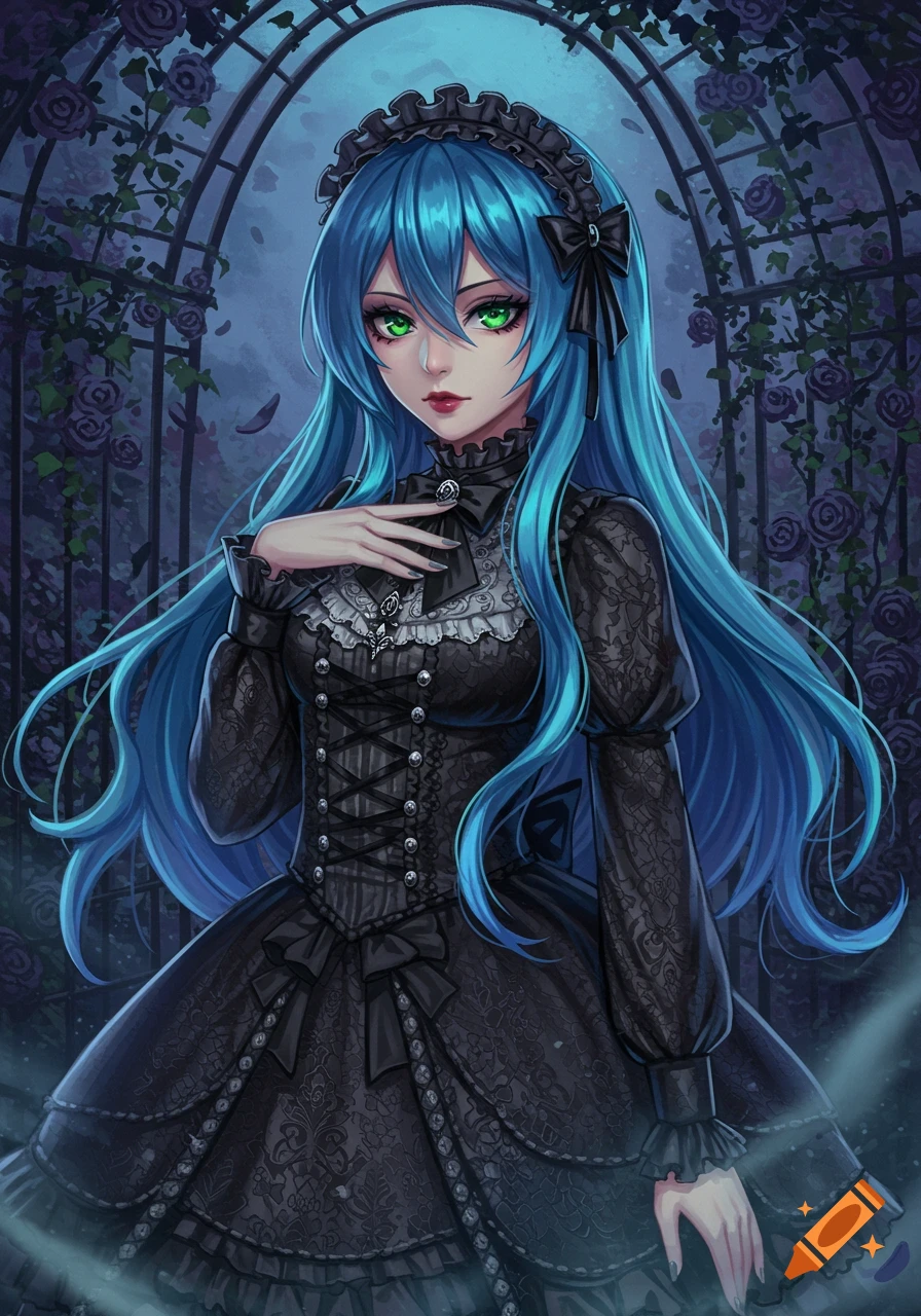 An anime gothic Lolita girl with long blue hair and green eyes wears a black frilly dress in front of a dark rose trellis.