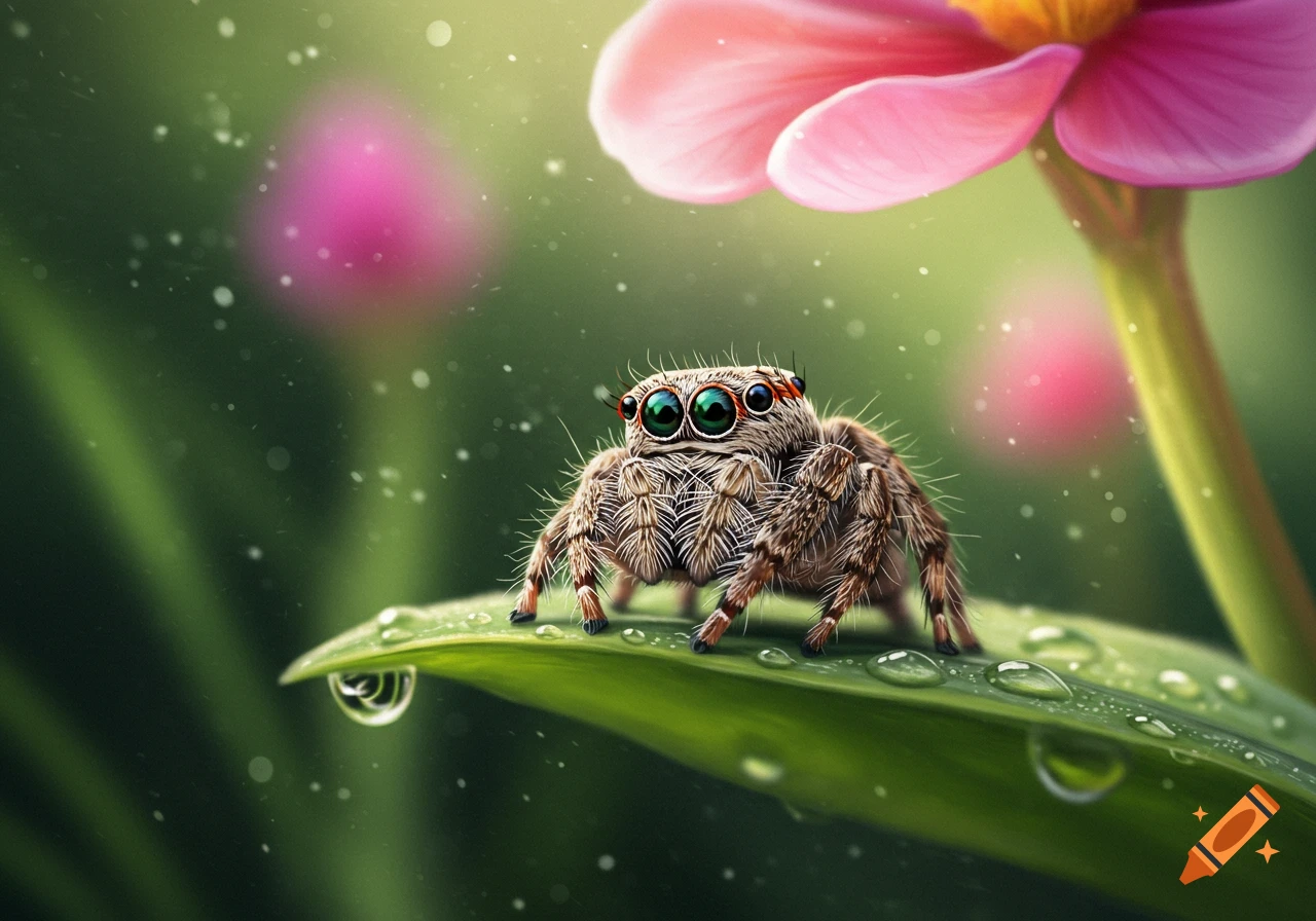 A cute jumping spider with large green eyes sits on a dewy green leaf, with a pink flower blurred in the background.