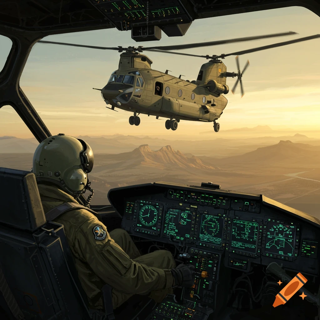A pilot in a cockpit looks out at a large military transport helicopter flying against a sunset sky over a desert landscape.