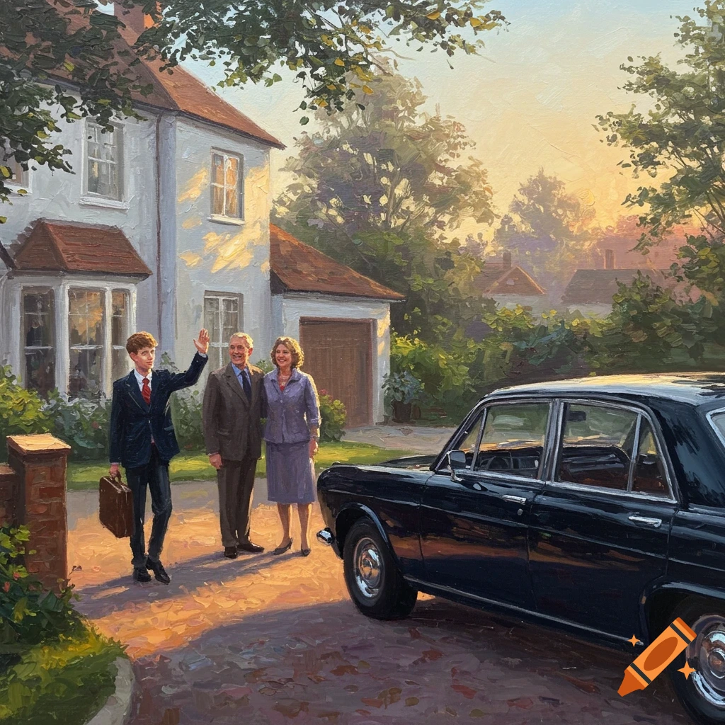 An oil painting of a student waving goodbye to his parents in front of a house at sunrise, with a black car in the driveway.