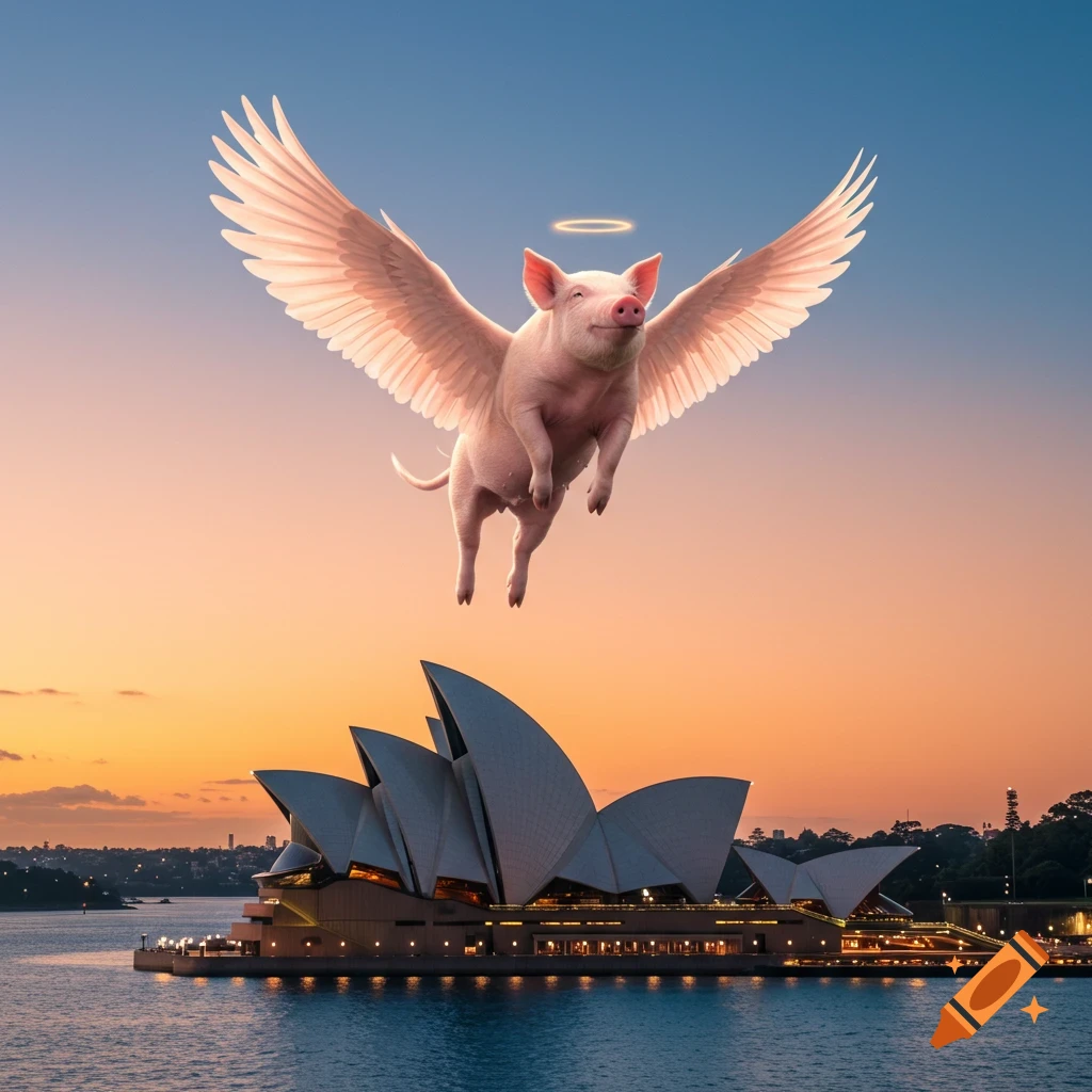A photorealistic winged pig with a halo flies over the Sydney Opera House at sunset.