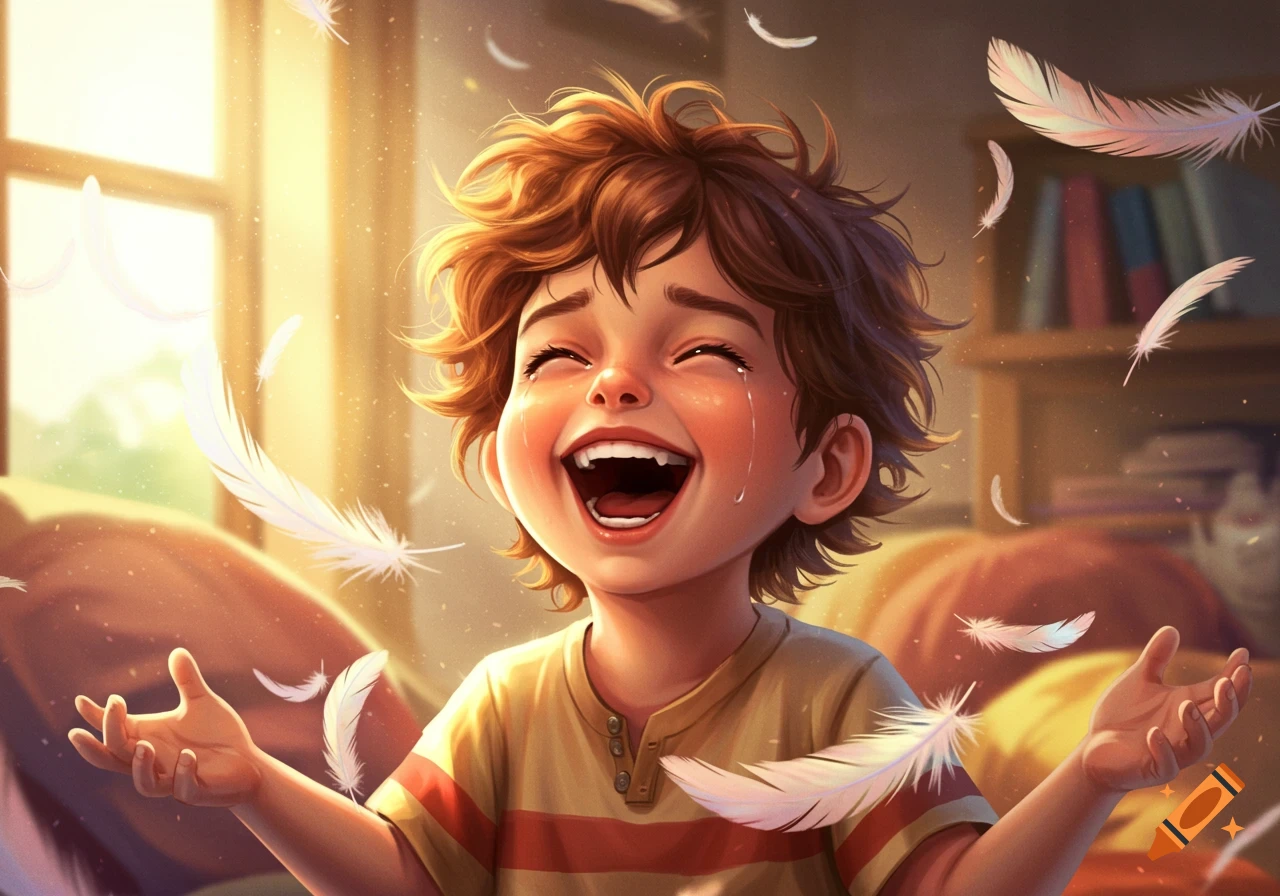 Smiling cartoon boy with messy brown hair laughs with tears as white feathers float around him in a sunlit room.