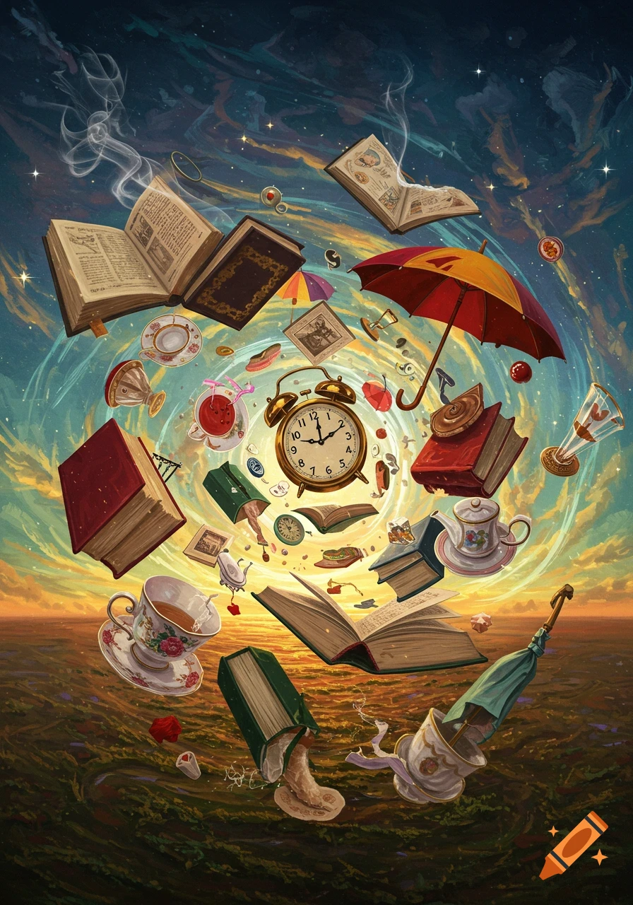 Surreal illustration of books, an alarm clock, teacups, and umbrellas swirling against a sky at sunset with a starry, spiraling vortex.
