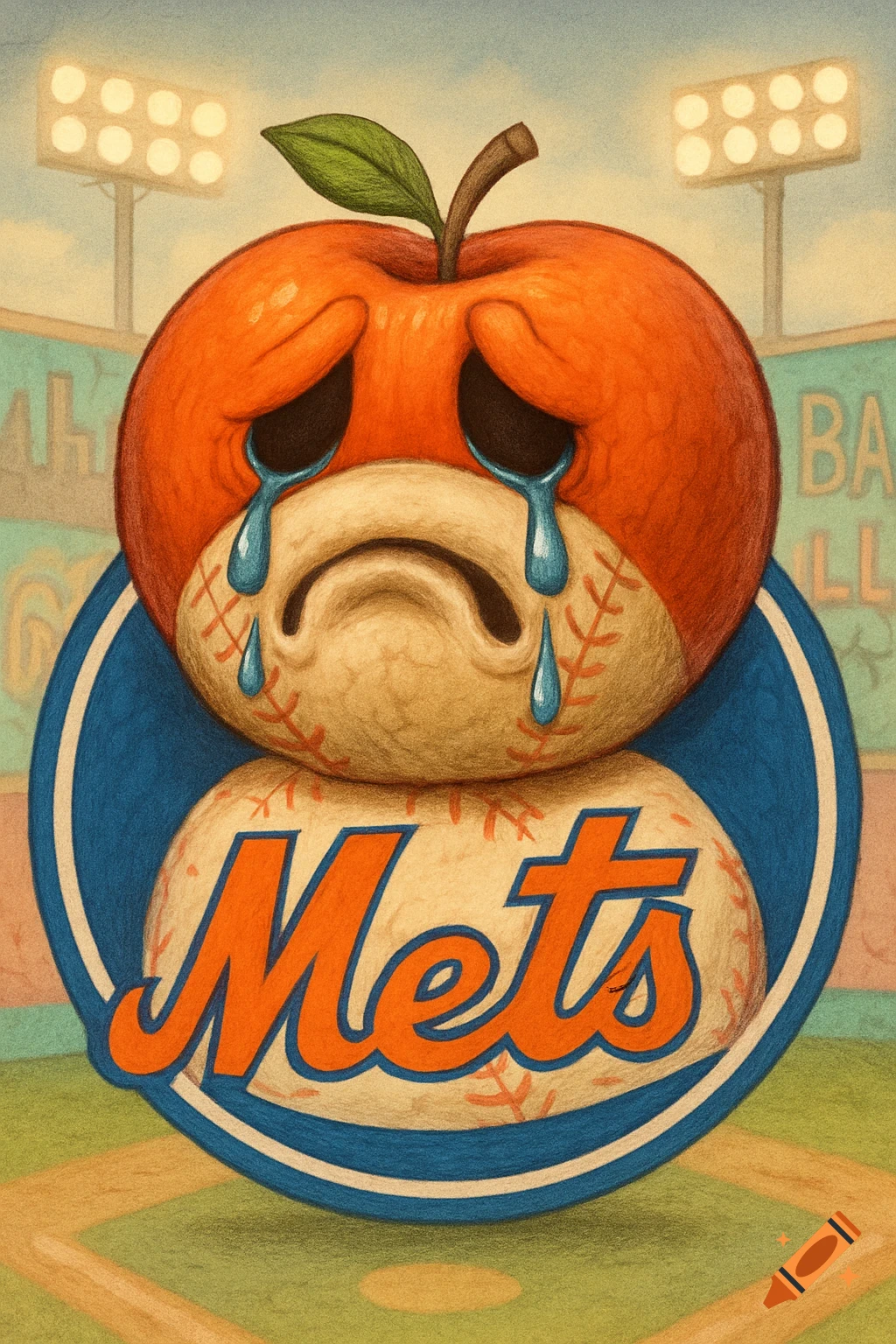 A stylized illustration of a crying orange apple with a baseball body, featuring the 'Mets' logo, on a baseball field.