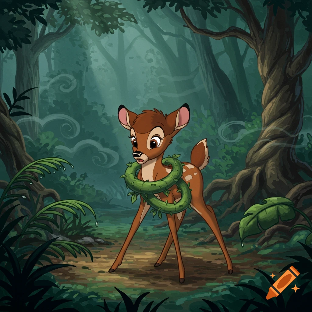 A cartoon illustration of Bambi, a small deer, with green vines wrapped around its neck, standing in a dark, misty forest.
