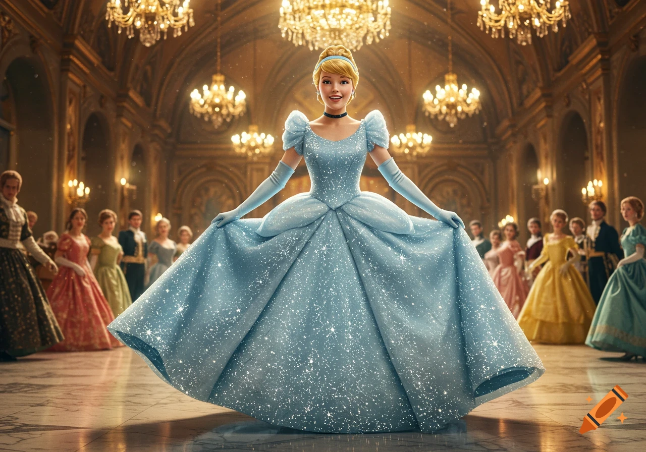 Photorealistic Cinderella in a sparkling blue gown poses in a grand ballroom with chandeliers and other guests.